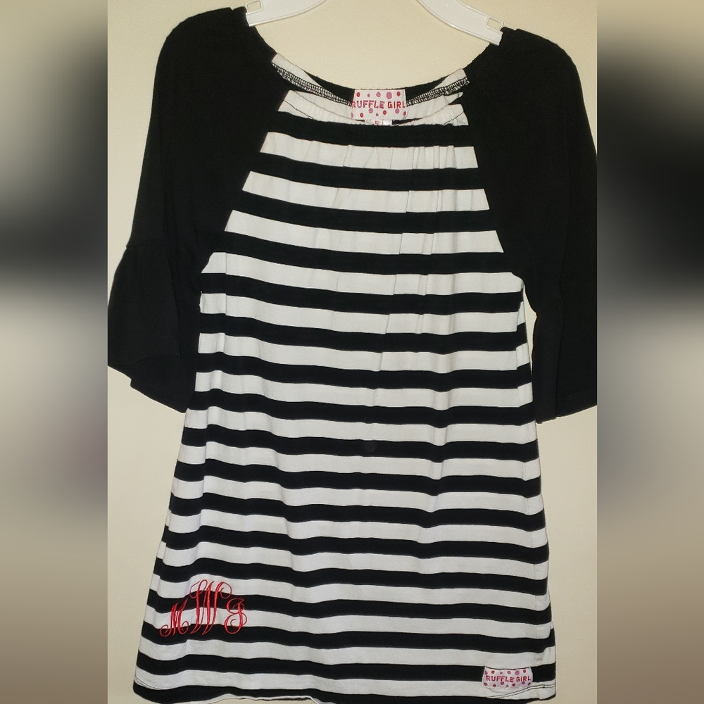 Boutique Ruffle Girl set, black/white striped dress black leggings size 12
